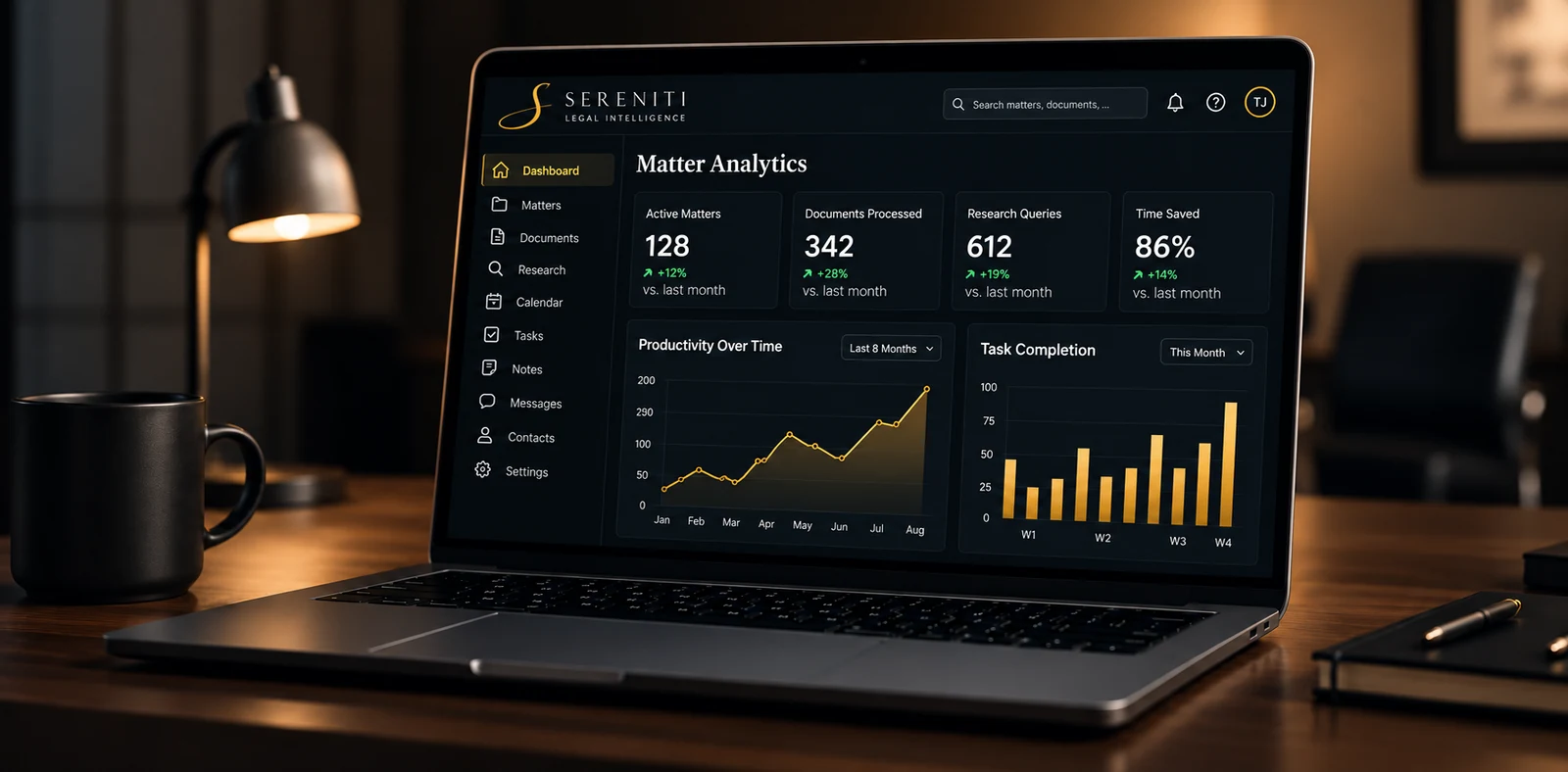 Conceptual Sereniti matter analytics dashboard mockup displayed on a laptop