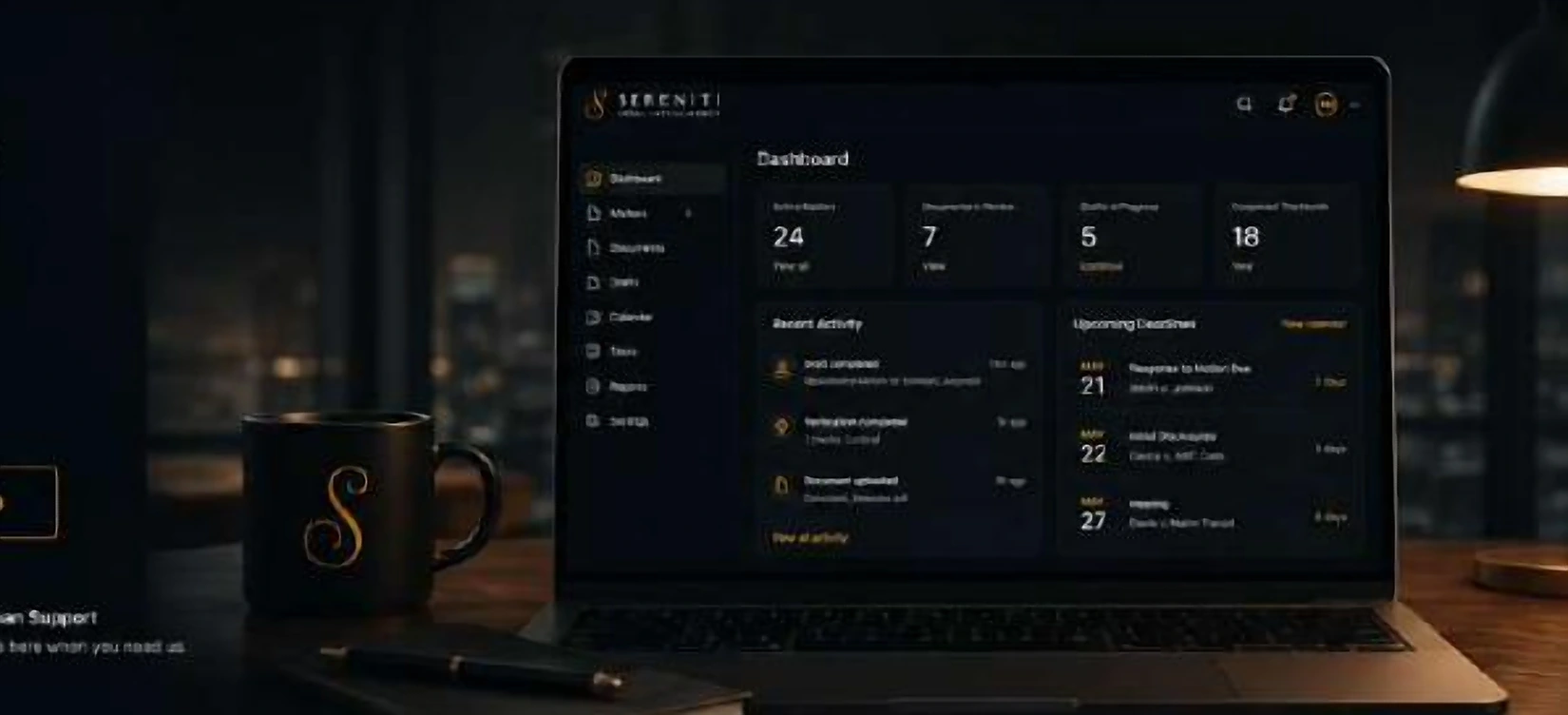 The Sereniti dashboard on a laptop with a branded mug, city lights beyond