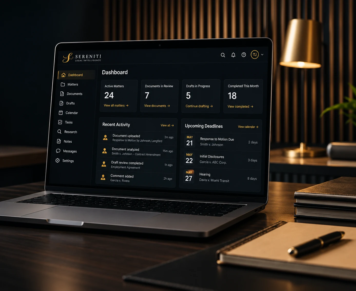 Illustrative Sereniti dashboard open on a laptop in a warmly lit firm office