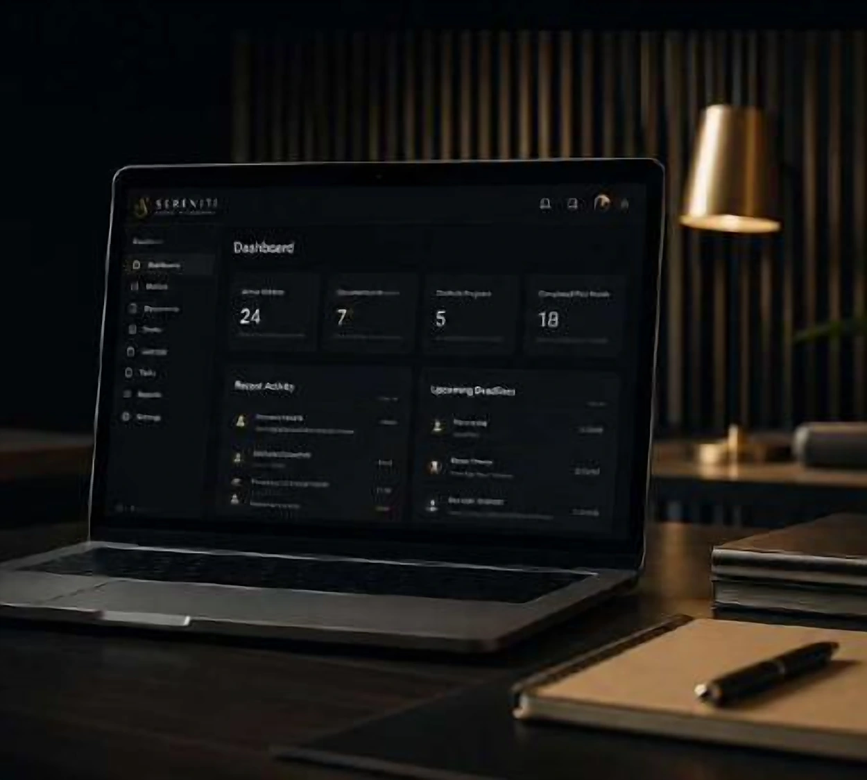 The Sereniti dashboard open on a laptop in a firm office at night