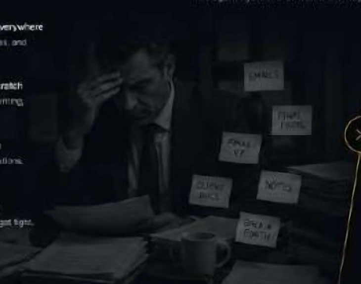 Attorney surrounded by paper files and scattered notes