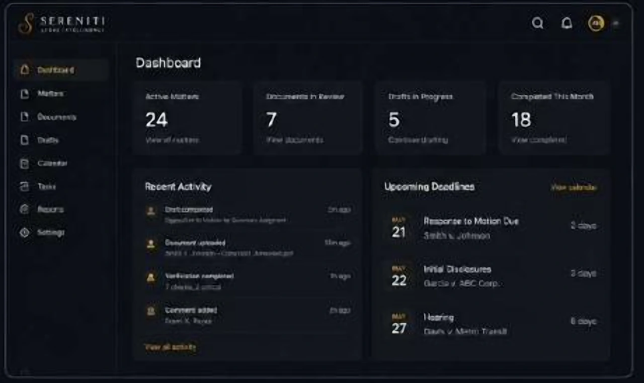Sereniti dashboard showing active matters, recent activity and upcoming deadlines