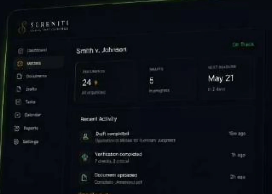 A matter workspace in Sereniti showing documents, drafts, next deadline and recent activity