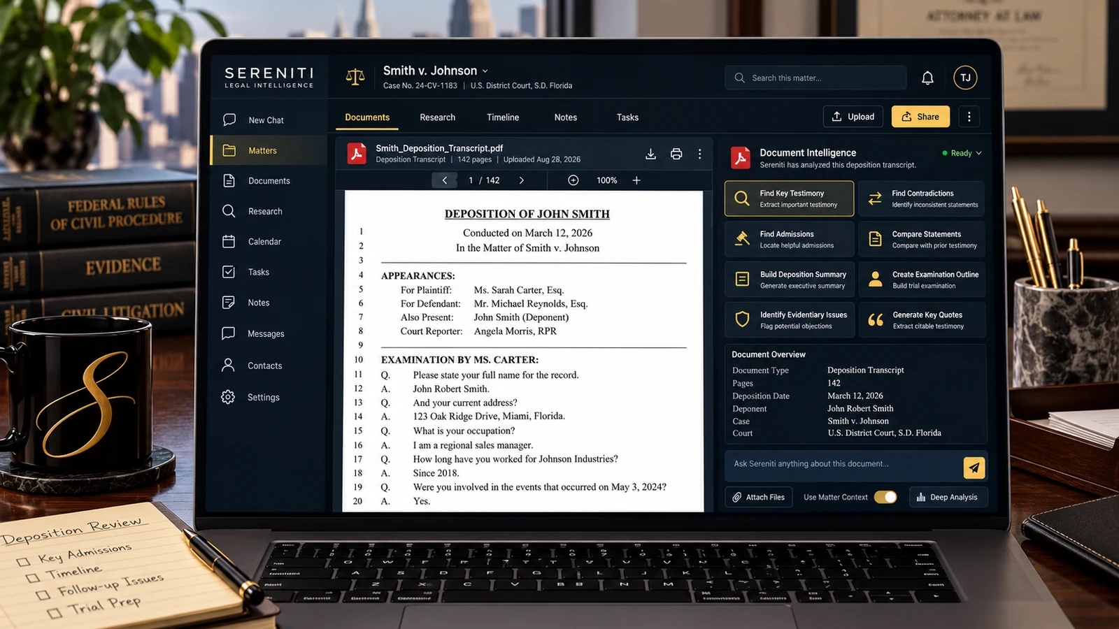 The Sereniti matter workspace displaying a deposition transcript and document-intelligence tools for testimony, contradictions, admissions, summaries, and evidentiary review