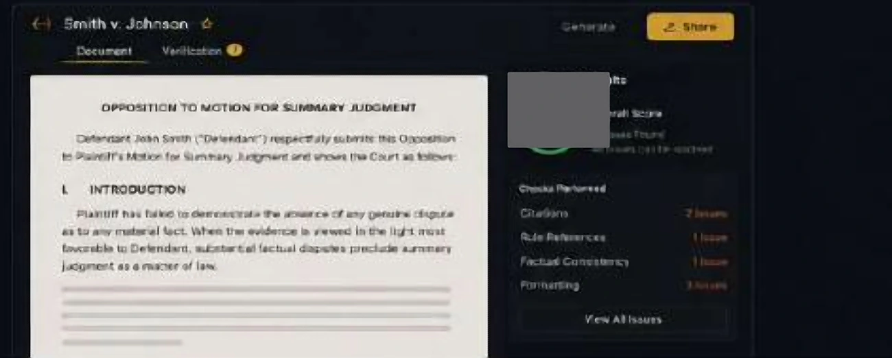 A draft opposition brief beside the Sereniti review layer, with issues grouped by category